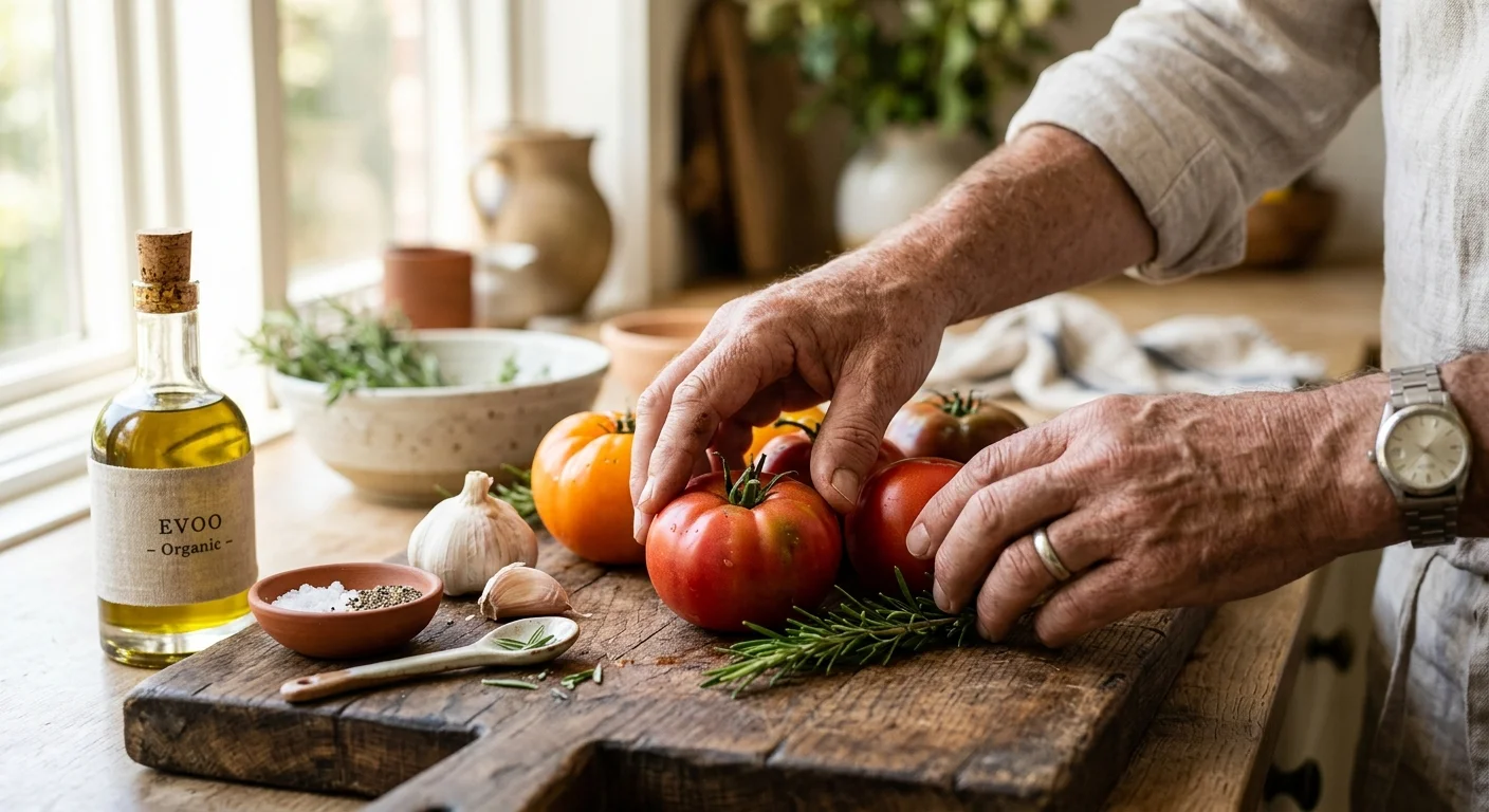 A close-up of a senior's hands preparing fresh vegetables on a rustic cutting board in a sunlit kitchen.