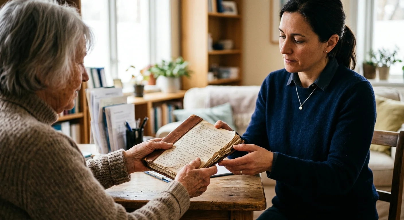 A close-up of an older patient handing a handwritten notebook to a doctor in a warmly lit, comforting consultation room.