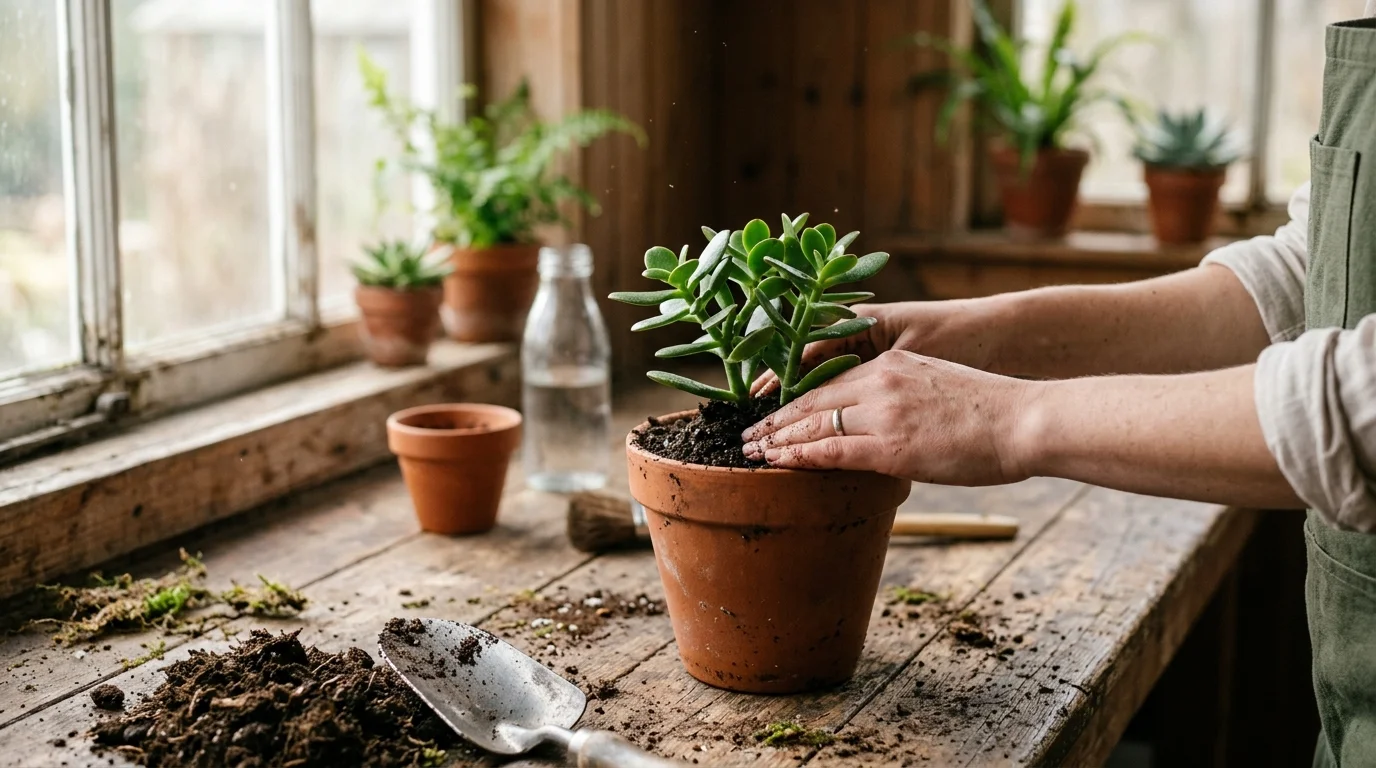 A close-up of hands gently potting a small green succulent in a rustic terracotta pot on a wooden table.
