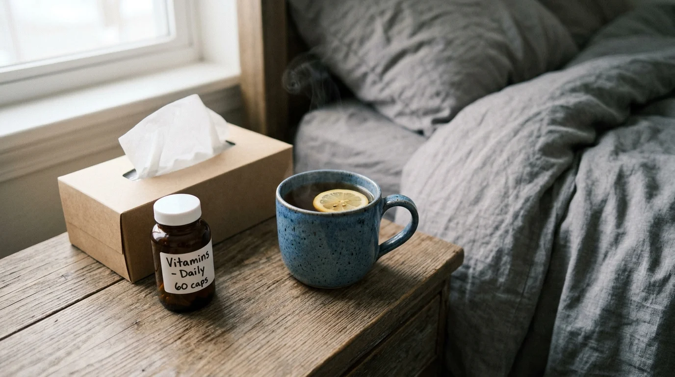 A close-up photograph of a bedside table with a hot mug of tea, tissues, and vitamins in soft morning light.