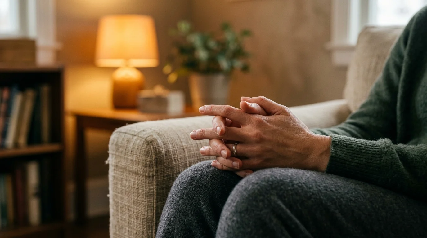 A close-up photograph of a person's hands gently clasped in their lap while sitting on a cozy linen sofa.