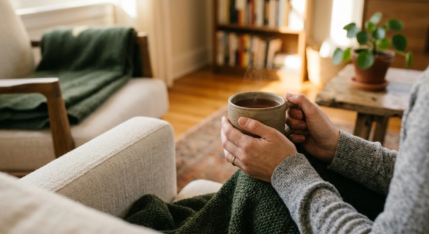 A close-up photograph of a person's hands holding a warm ceramic mug in a cozy, sunlit living room corner.