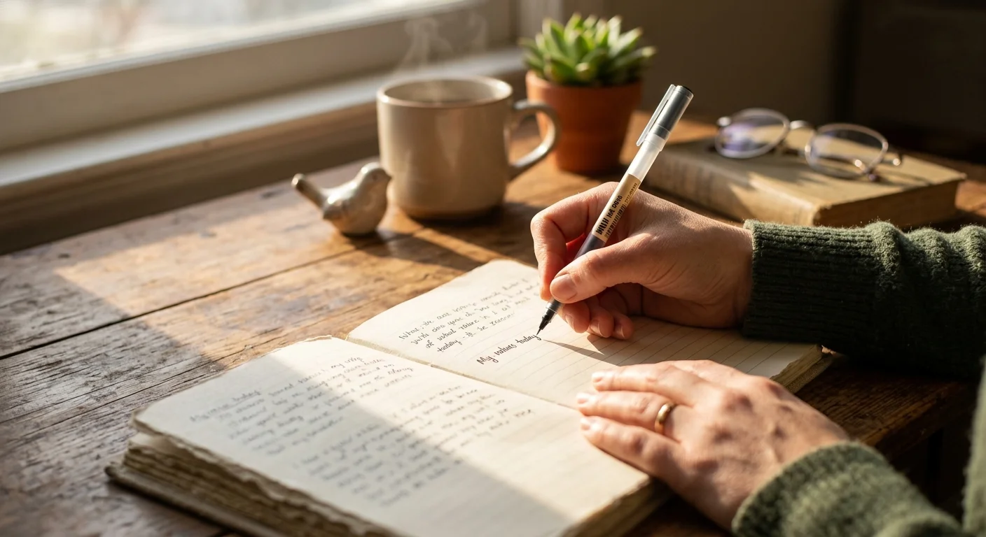 A close-up photograph of a person's hands journaling on a warm, sunlit desk next to a steaming mug.
