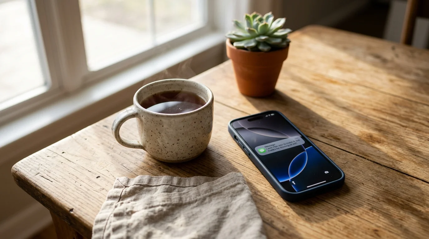 A close-up photograph of a smartphone on a wooden kitchen table displaying a direct, polite text refusal.
