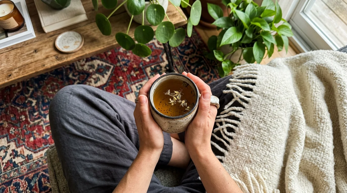 A close-up photograph of hands holding a warm ceramic mug, capturing a simple, grounding sensory moment.