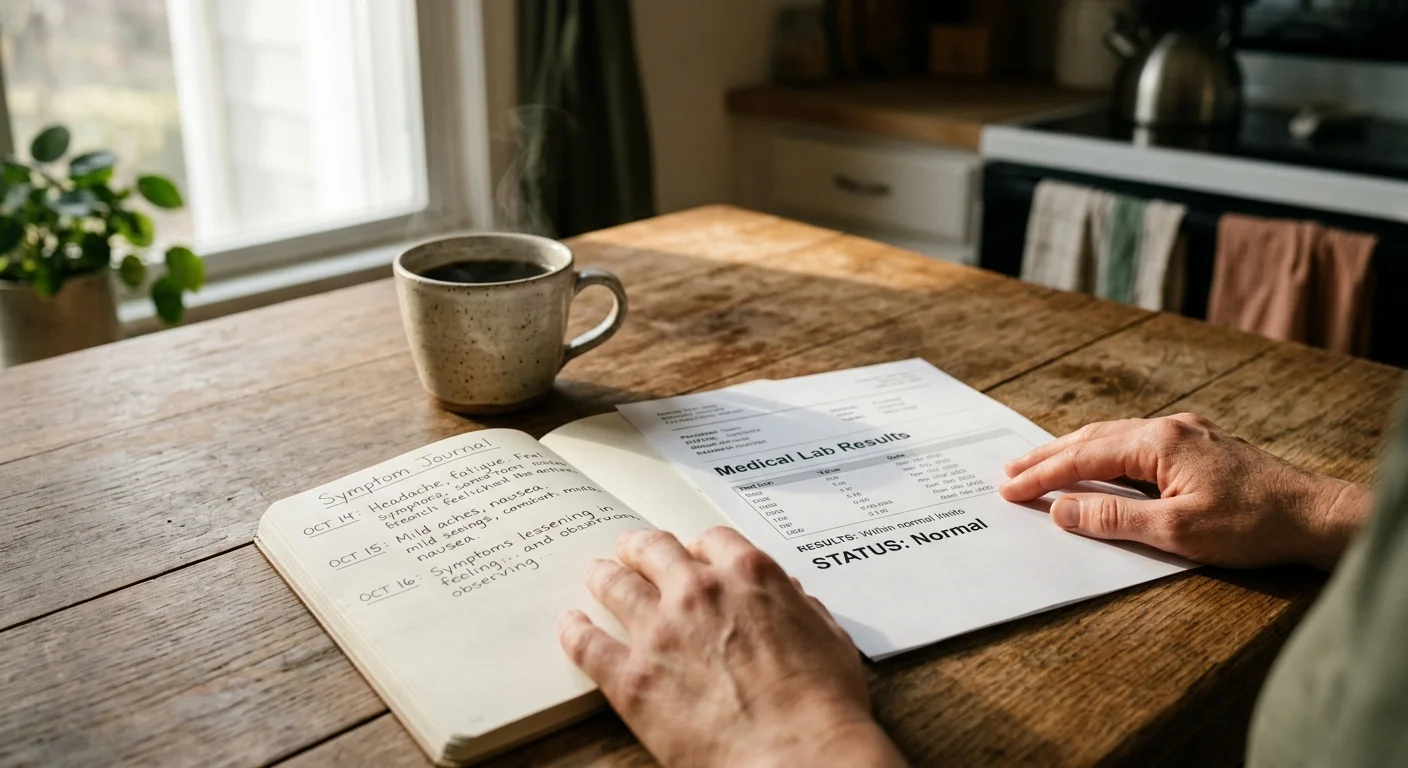 A close-up photograph of hands on a kitchen table comparing a handwritten 'Symptom Journal' with a sheet of 'Medical Lab Results'.