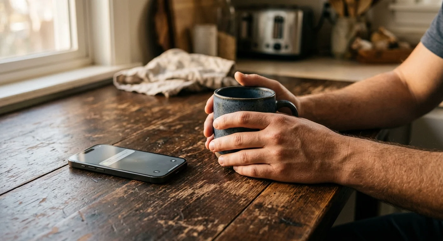 A close-up photograph of hands resting calmly on a wooden table near a lit-up smartphone, capturing a moment of pause.