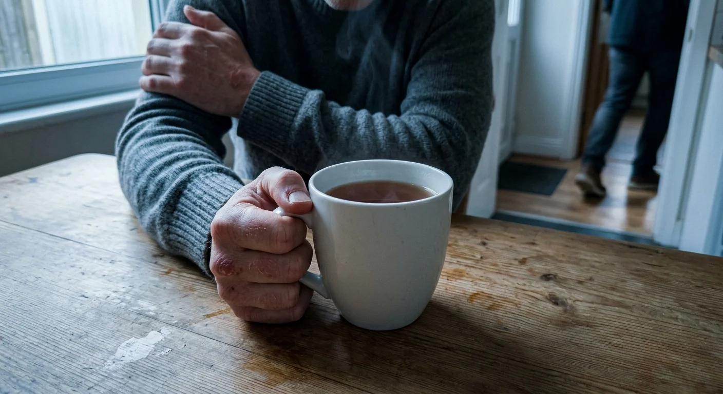 A close-up photograph of hands tightly gripping a coffee mug in a tense kitchen, with a blurred figure entering the doorway in the backgroun