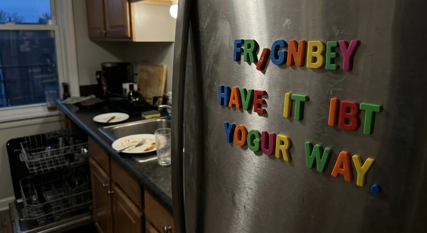 A close-up photograph of refrigerator magnets spelling out 'FINE. HAVE IT YOUR WAY.' in a dim kitchen.