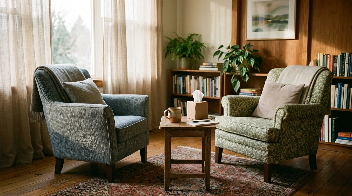 A comforting therapy room with two fabric armchairs in warm afternoon light.