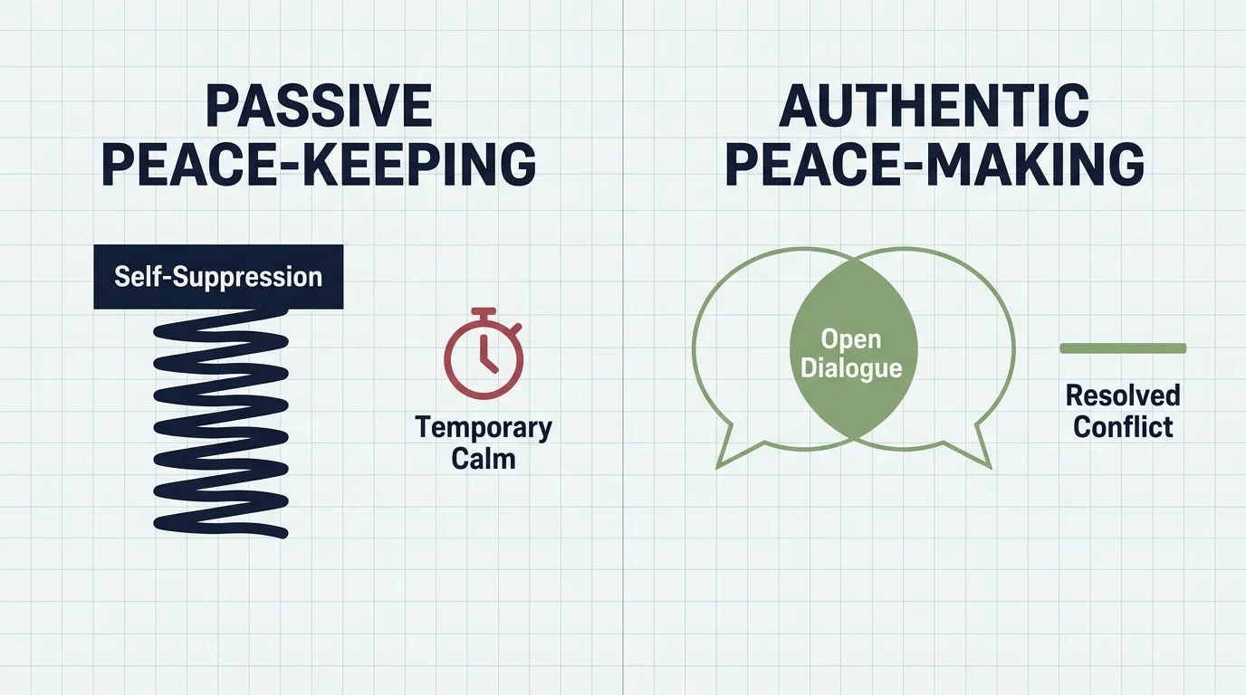 A comparative diagram contrasting Passive Peace-Keeping (self-suppression, temporary calm) with Authentic Peace-Making (open dialogue, resol
