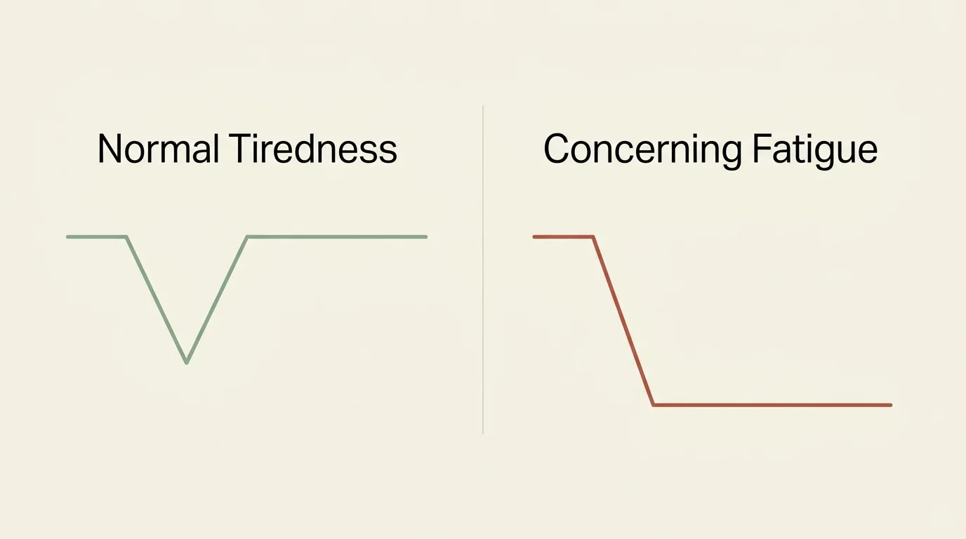 A comparative diagram showing a rebounding energy line for normal tiredness versus a flatlined, low energy line for concerning fatigue.