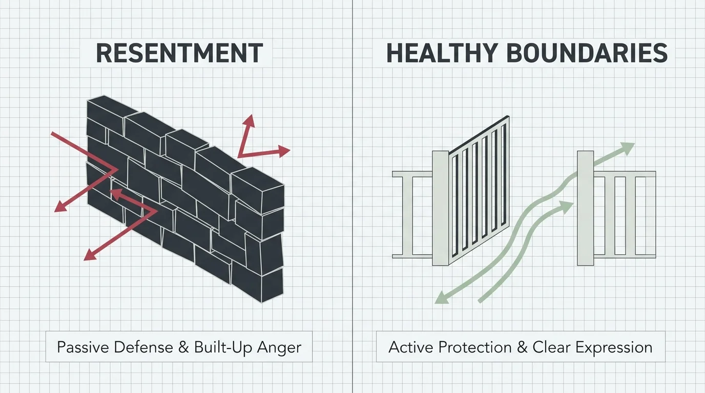 A comparative diagram showing resentment as an impenetrable wall and healthy boundaries as a clear, selective gate.