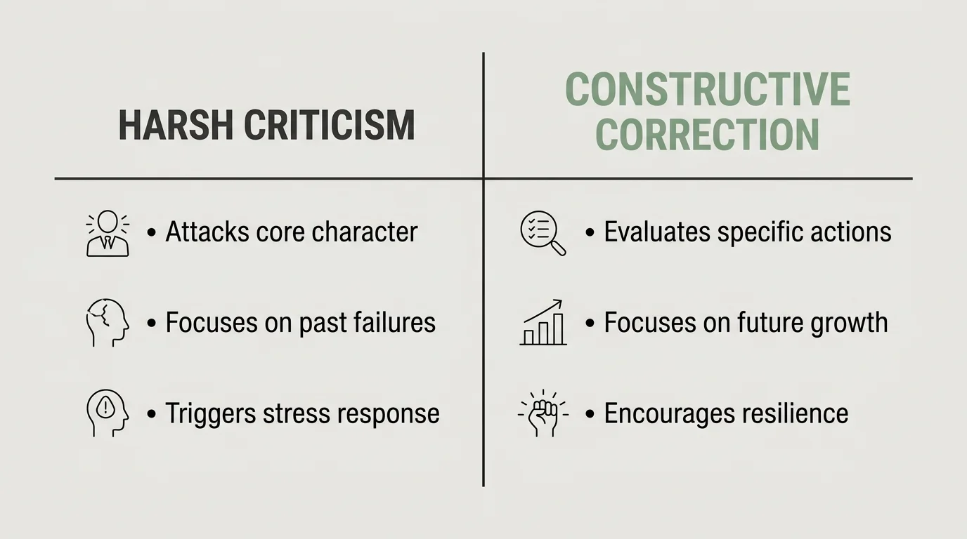 A comparative infographic contrasting the traits of a harsh inner critic with constructive self-correction.