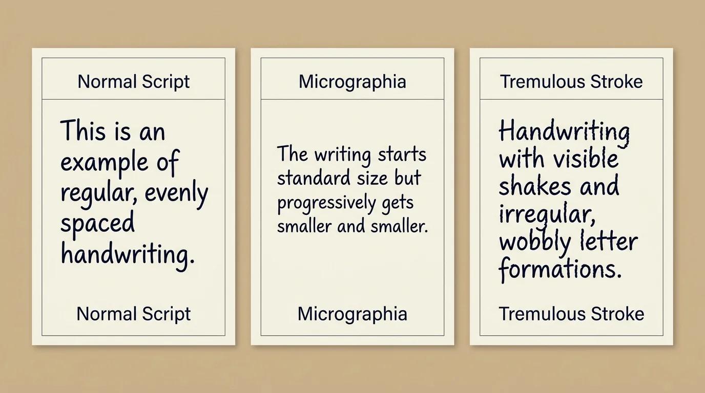 A comparative infographic showing three panels of handwriting styles side-by-side: Normal Script, Micrographia, and Tremulous Stroke.