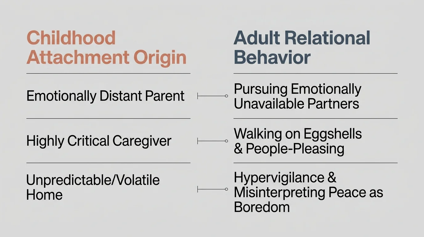 A comparative minimalist chart mapping three childhood origin behaviors directly to their corresponding adult relationship patterns.