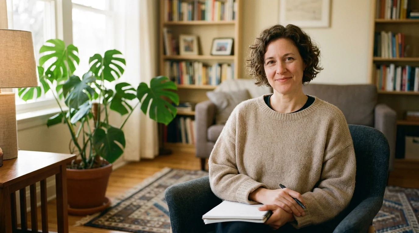 A compassionate therapist sitting in a cozy, sunlit office with a notepad, ready to listen in a safe space.