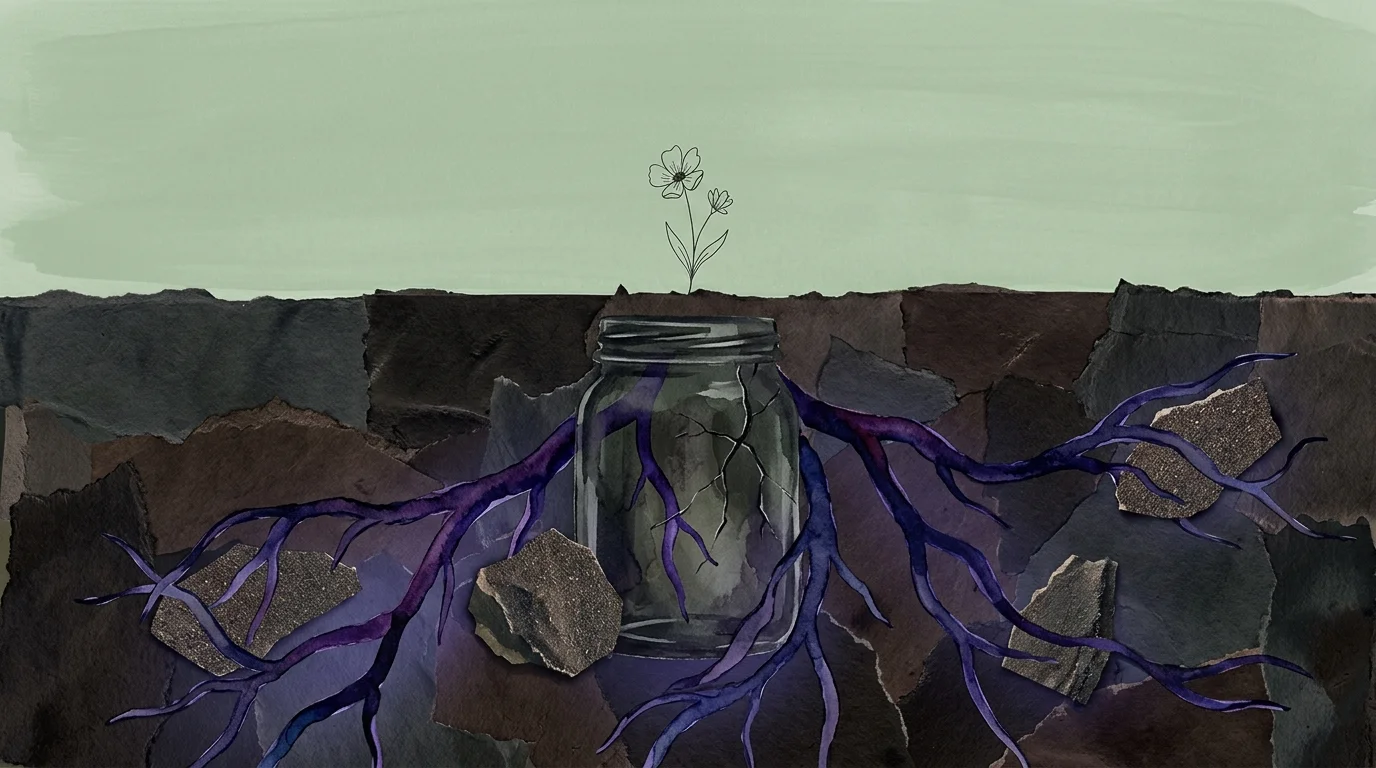 A conceptual collage showing a calm green surface above dark, subterranean roots growing from a cracked, buried jar.