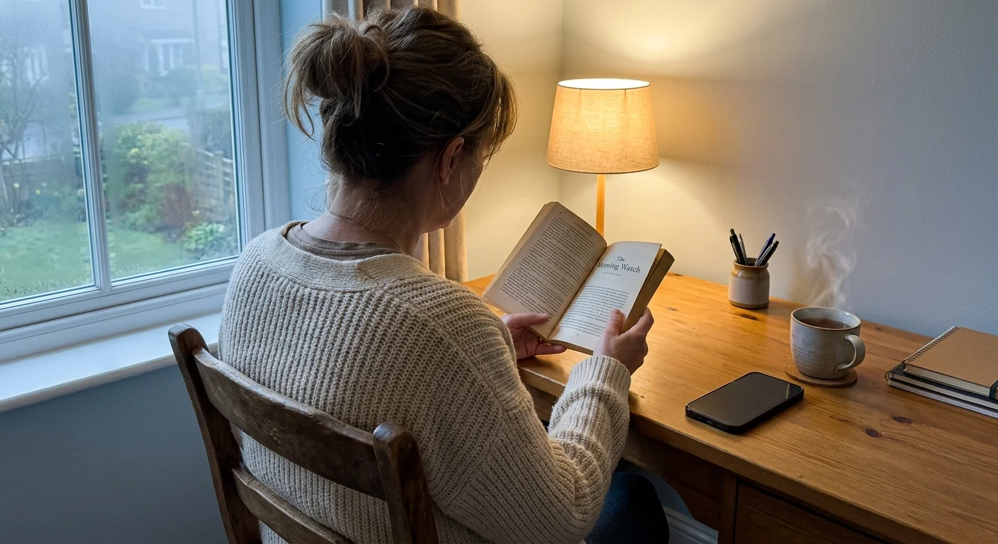 A cozy, quiet morning desk setup with a phone face down, a steaming mug, and a woman reading a book in the background.