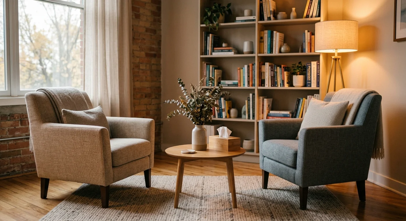 A cozy, warm therapist's office with two armchairs facing each other under soft lamp light.