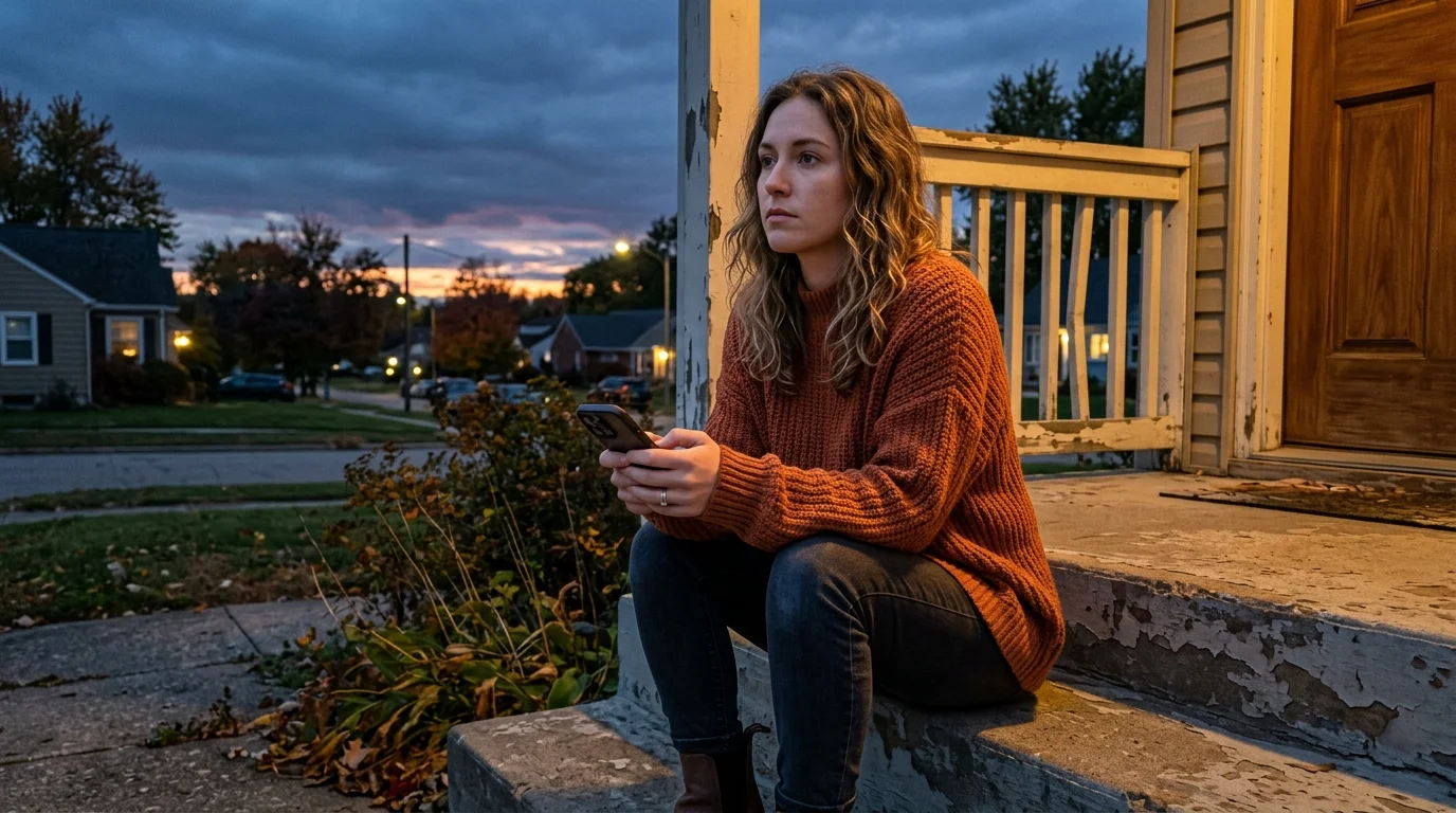 A documentary-style photo of a woman sitting on her porch steps at dusk, holding her phone thoughtfully.