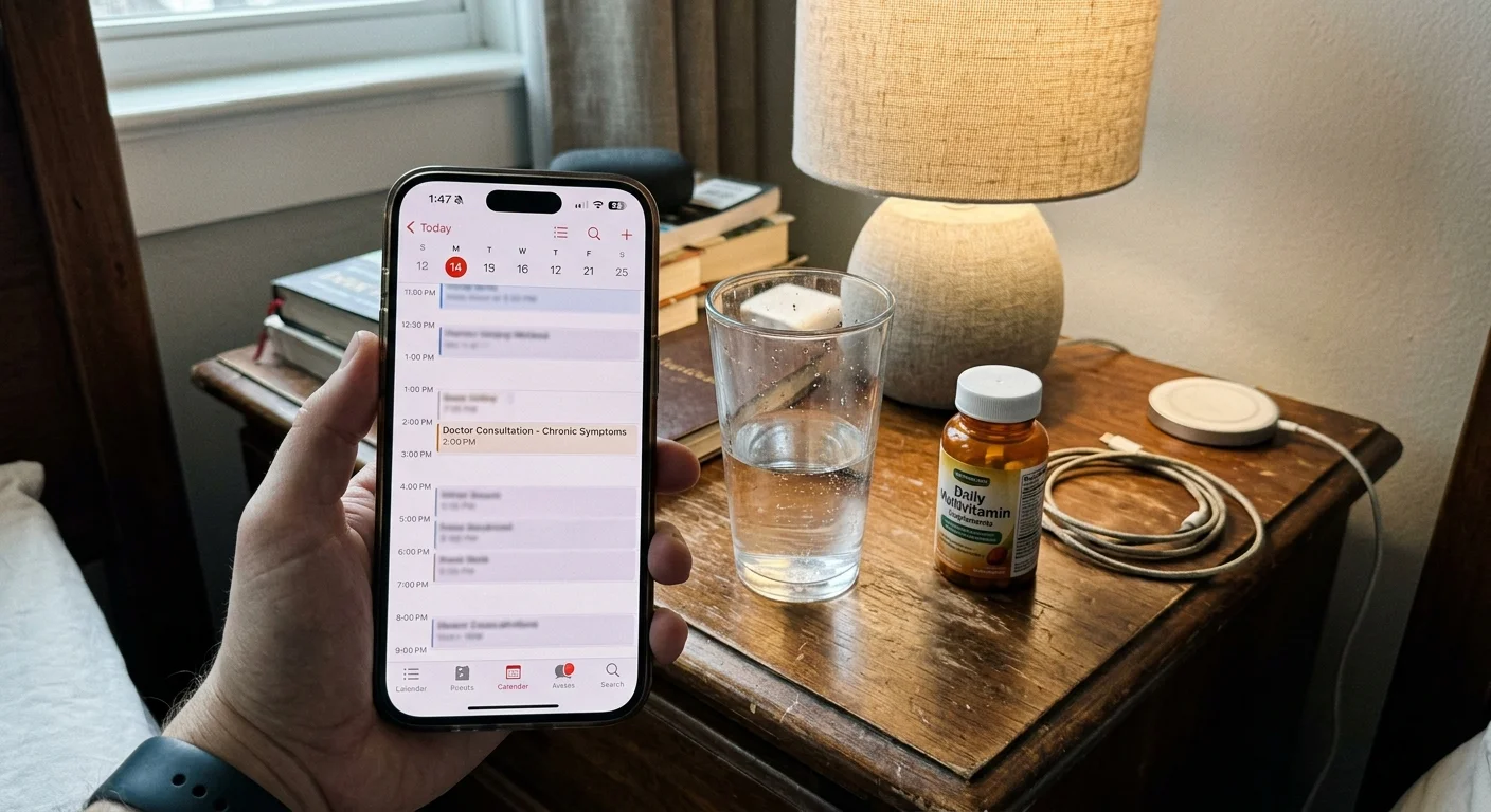 A first-person view of a hand holding a smartphone showing a scheduled doctor appointment on the screen, over a bedroom nightstand.
