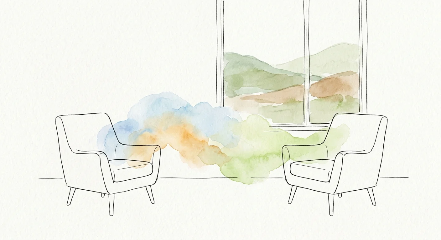 A gentle ink and watercolor sketch of two armchairs facing each other with a soft, colorful wash connecting them, representing therapy.