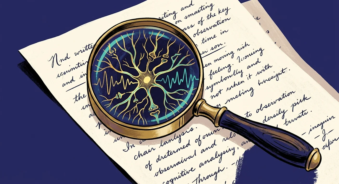 A gouache illustration of a magnifying glass over handwriting, revealing glowing gold and turquoise neural pathways through the lens.