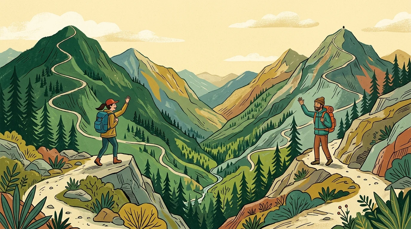 A gouache illustration of two hikers on separate paths of a mountain waving to each other, symbolizing personal autonomy.
