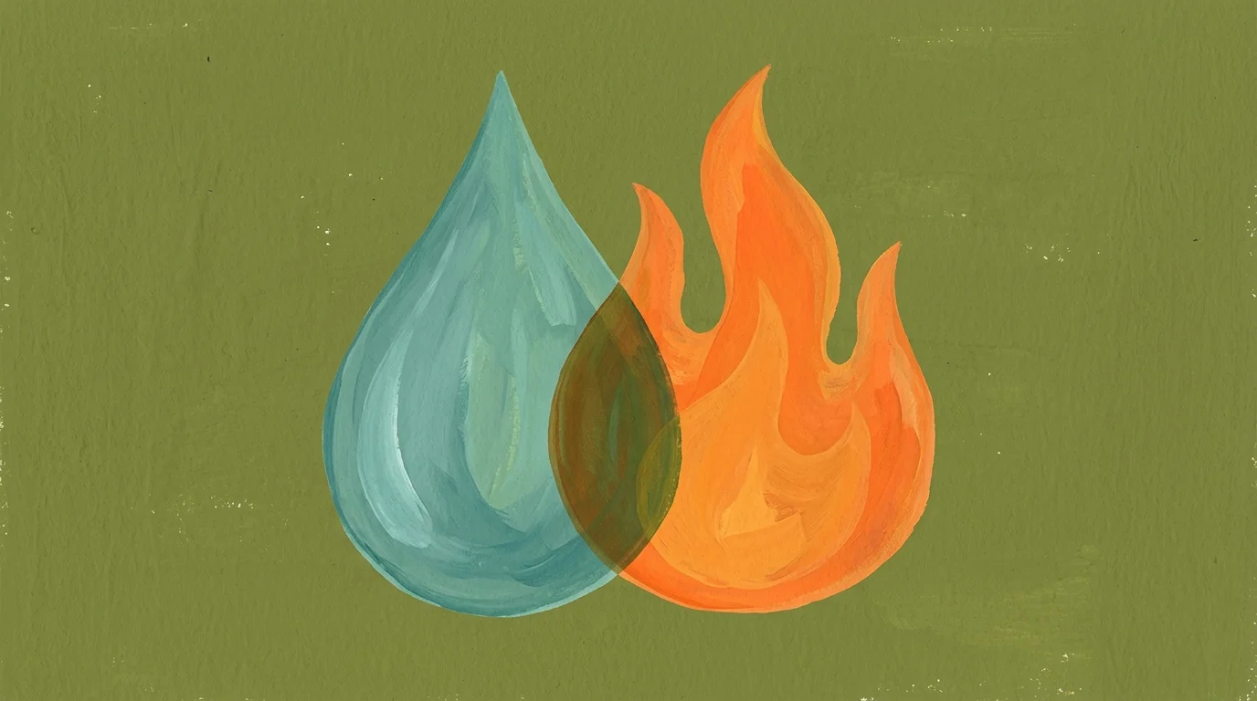 A gouache painting showing overlapping teal and orange shapes, symbolizing the coexistence of opposite emotions.