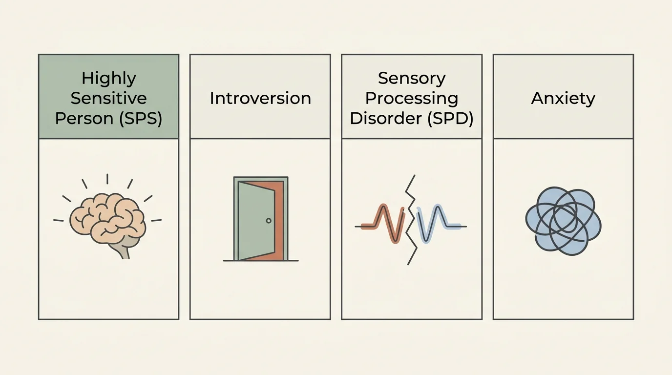 A horizontal comparison chart showing the differences between HSP, Introversion, SPD, and Anxiety with simple visual icons.