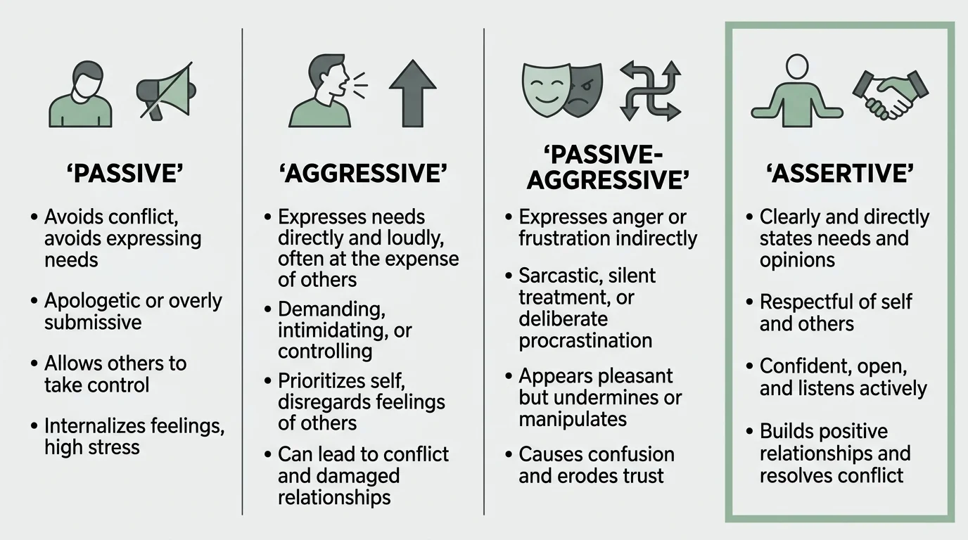 A horizontal diagram comparing Passive, Aggressive, Passive-Aggressive, and Assertive communication styles side-by-side.