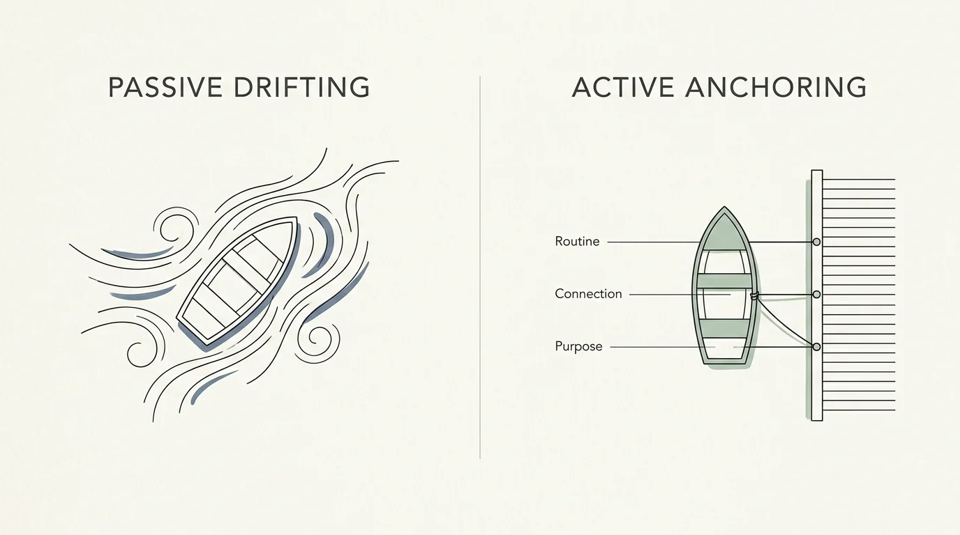 A horizontal minimalist comparison diagram contrasting passive drifting with active anchoring in retirement adjustment.