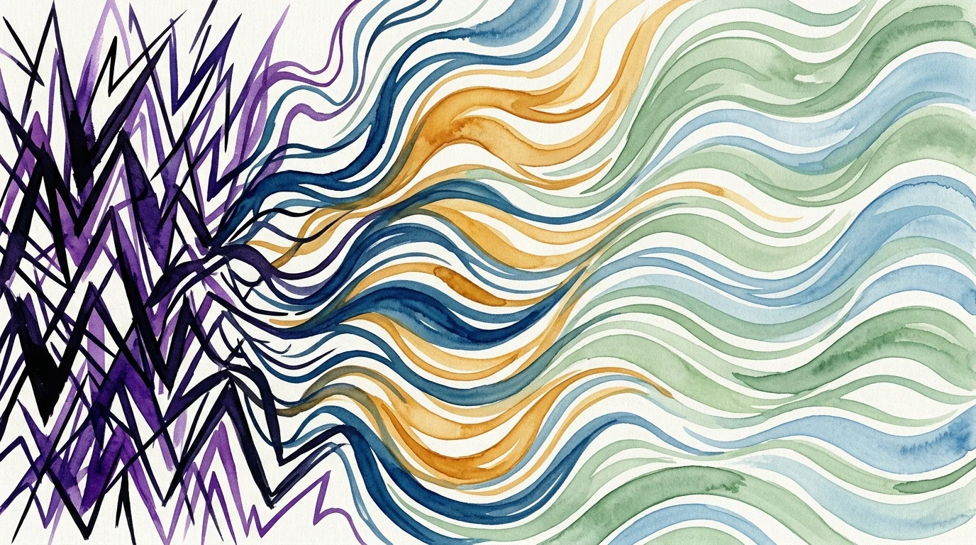 A horizontal watercolor painting showing jagged dark lines on the left transitioning into smooth, peaceful blue and green waves on the right