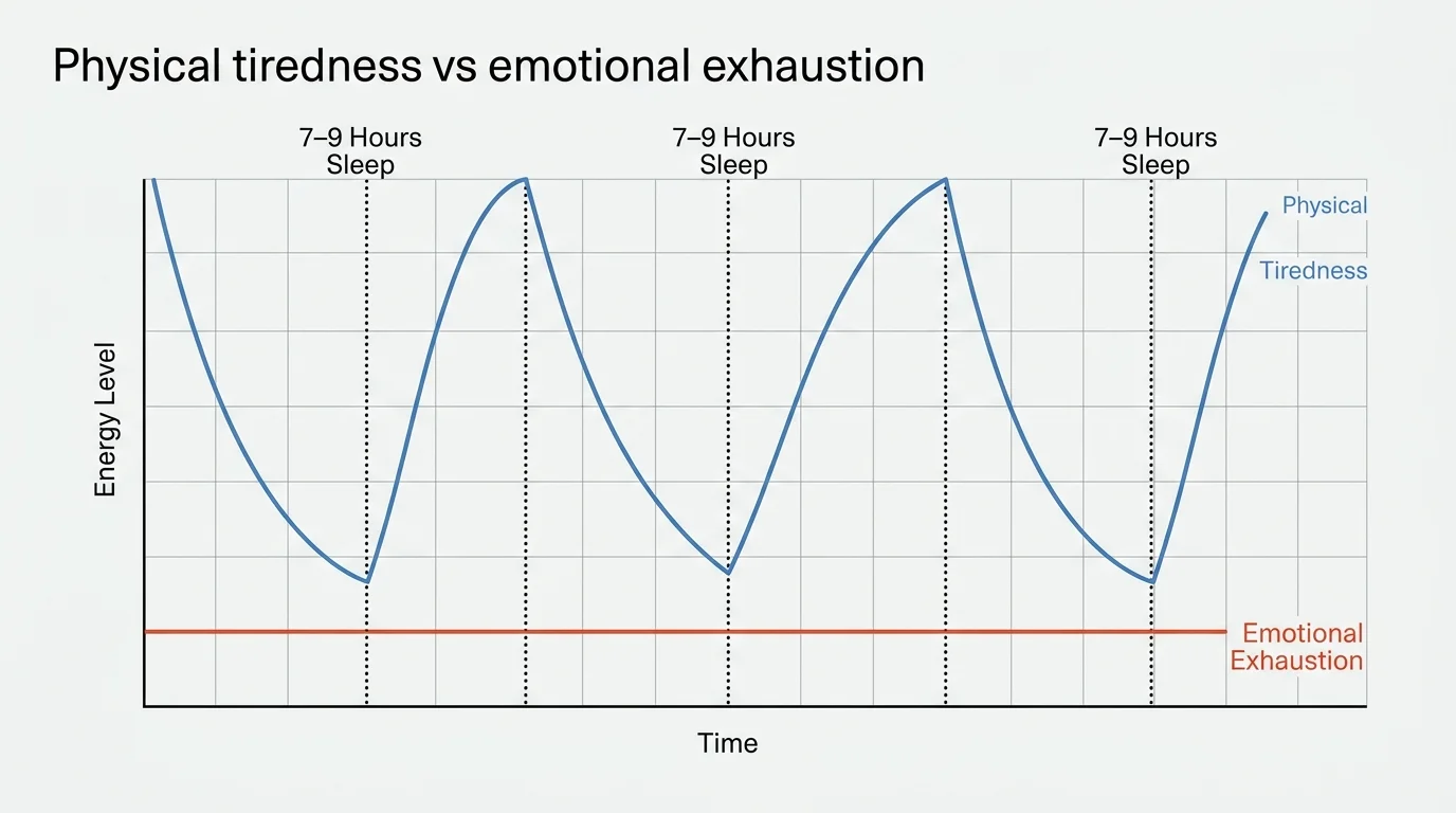 A line graph comparing how sleep restores physical tiredness but fails to lift emotional exhaustion over time.