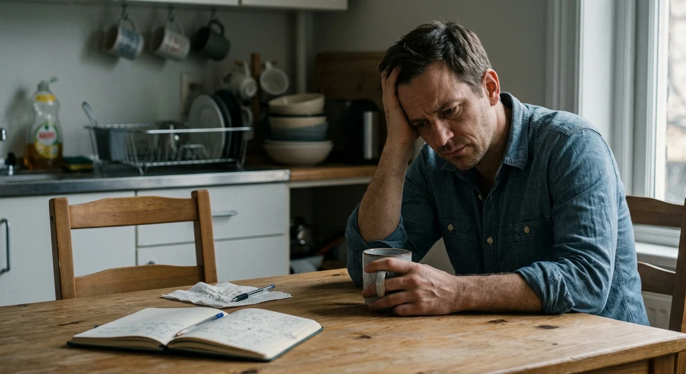 A man rests his head on his hand while sitting alone at a wooden kitchen table with a mug and open notebook.