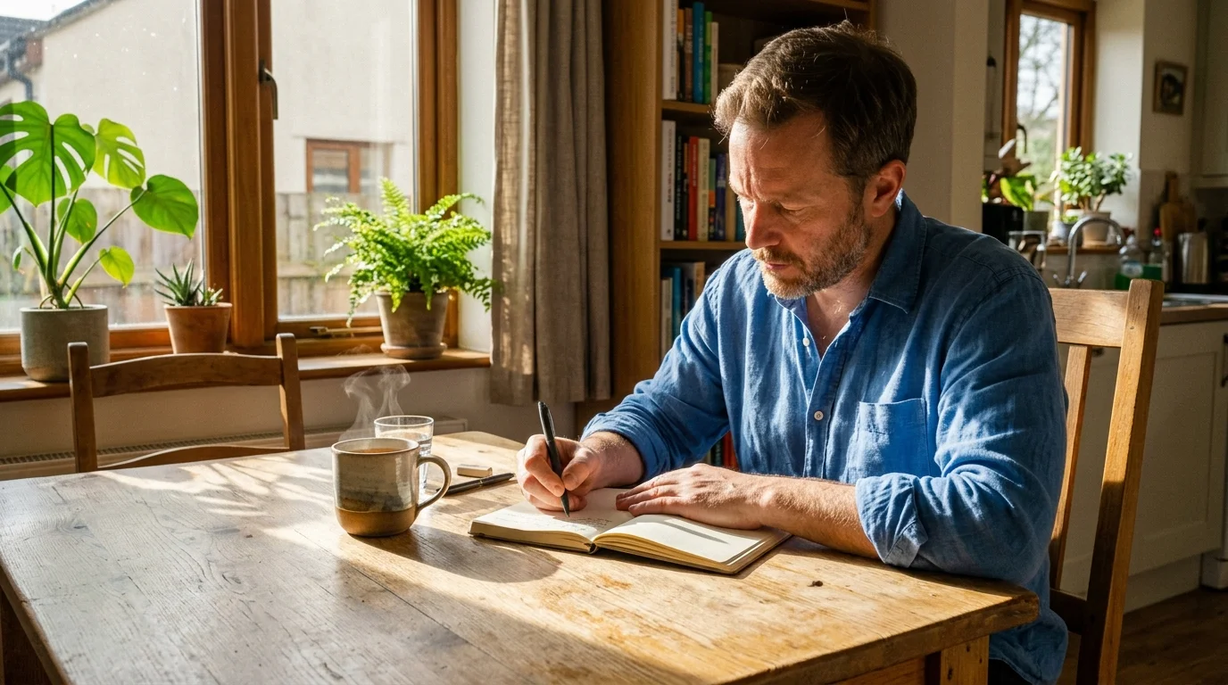 A man writing in a journal in a sunlit breakfast nook in the morning.