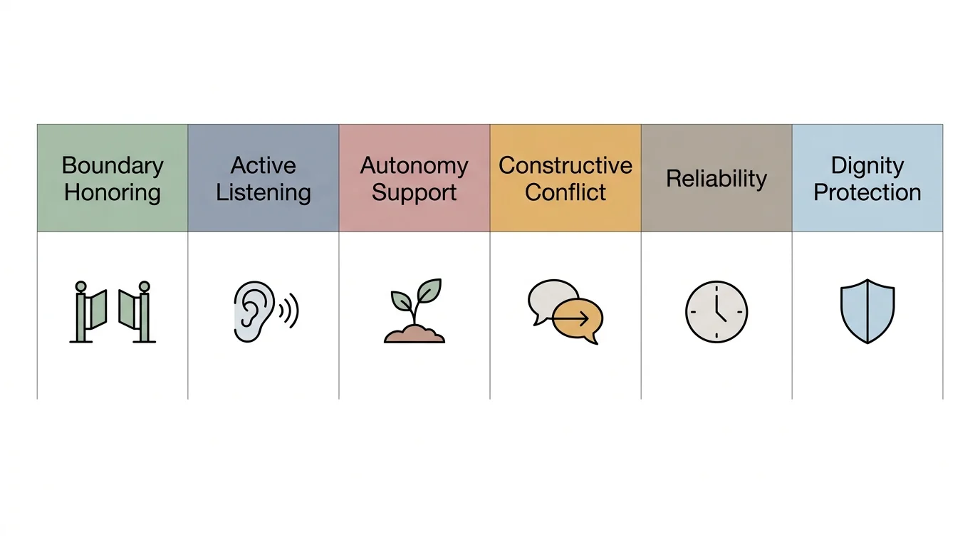 A minimalist 6-column diagram displaying the key indicators of respect like Active Listening and Boundary Honoring.
