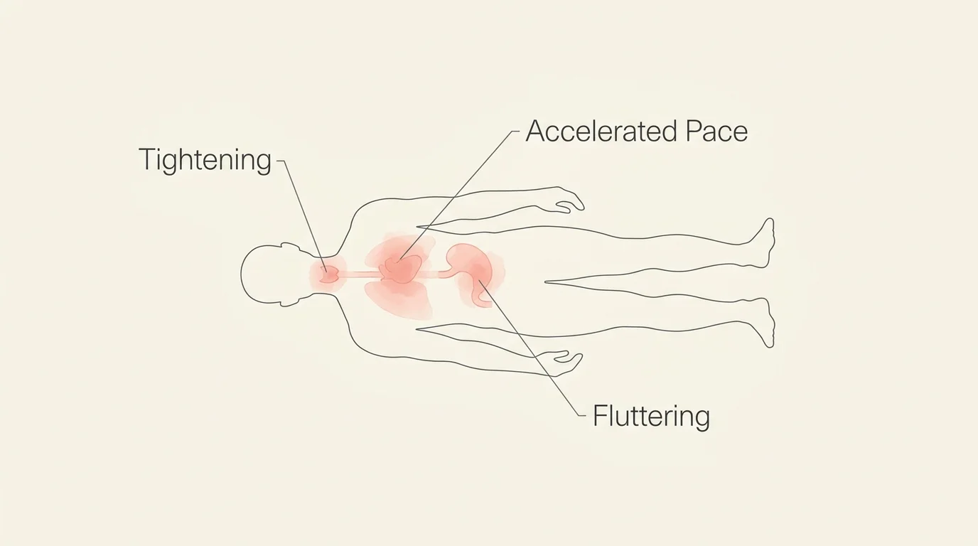 A minimalist conceptual diagram of a human silhouette with callouts for physical body sensations like chest and stomach tightness.