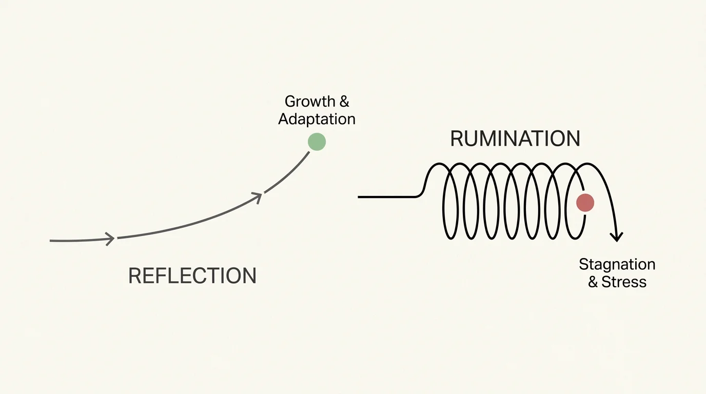 A minimalist diagram comparing the healthy forward loop of reflection to the closed downward spiral of rumination.