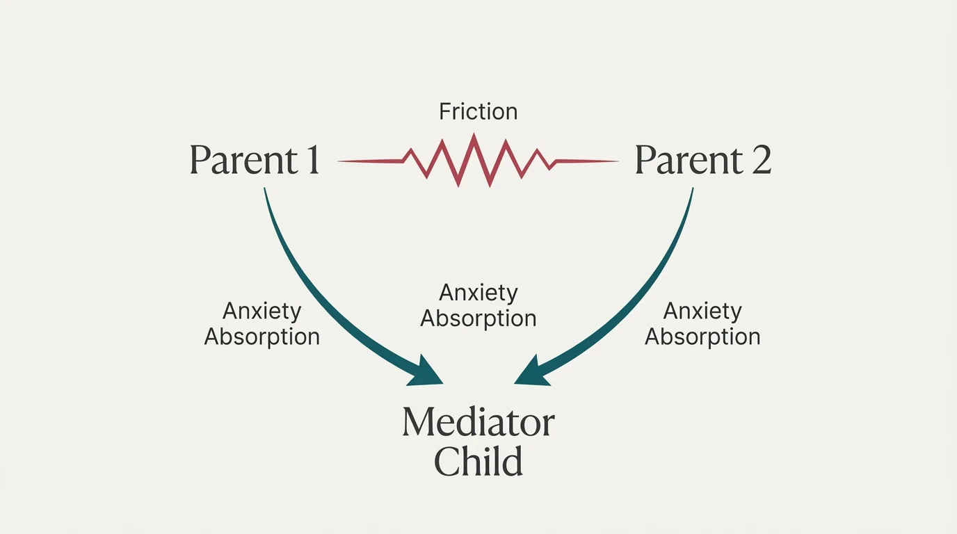 A minimalist diagram showing three nodes in a triangle, with Parent 1 and Parent 2 channeling friction into a Mediator Child node.