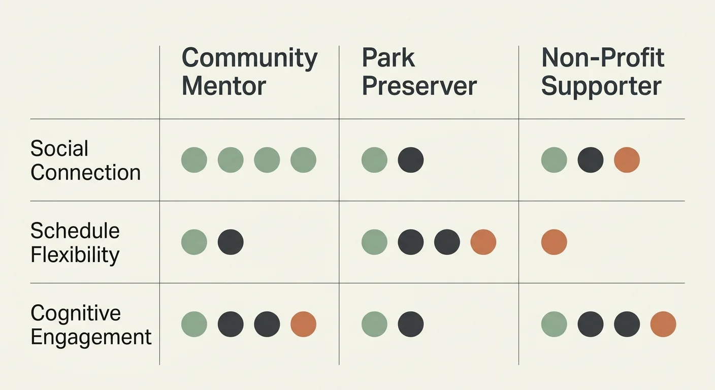 A minimalist horizontal diagram comparing social connection, flexibility, and cognitive engagement across three retirement roles.