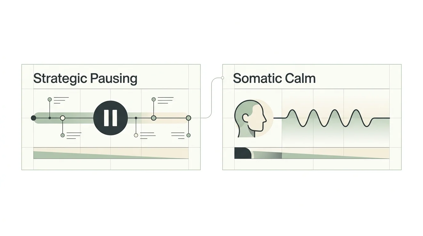 A minimalist horizontal diagram comparing Strategic Pausing with Somatic Calm using clean lines and sage green accents.