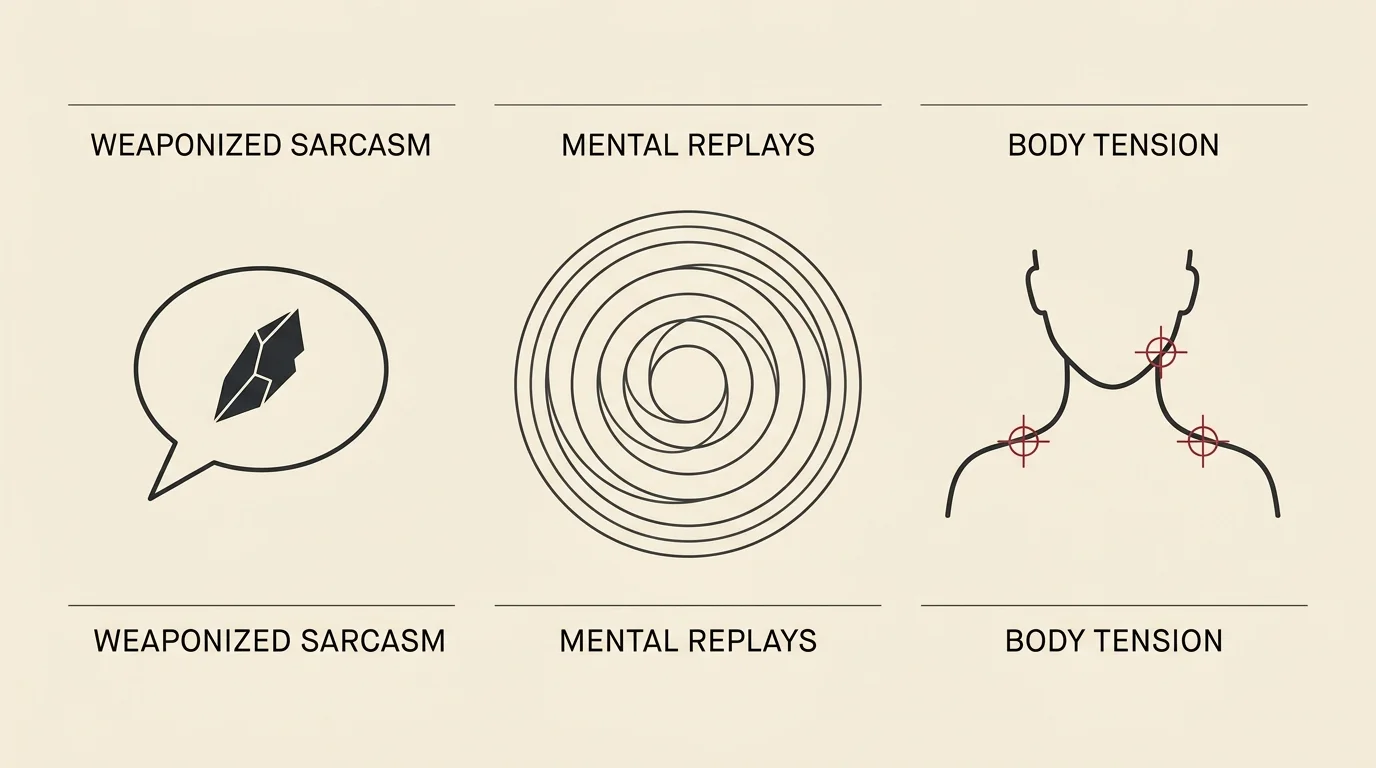 A minimalist horizontal diagram detailing three signs of resentment: weaponized sarcasm, mental replays, and body tension.