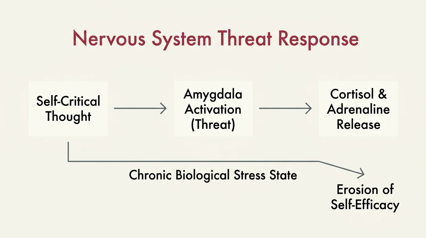 A minimalist horizontal flowchart diagram showing how self-criticism triggers amygdala activation and cortisol release.