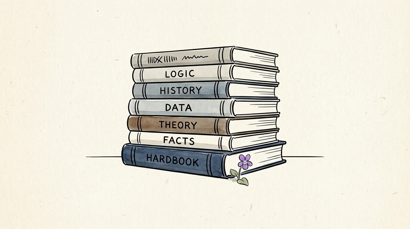 A minimalist line art illustration of a small purple flower growing quietly from beneath a heavy stack of books.