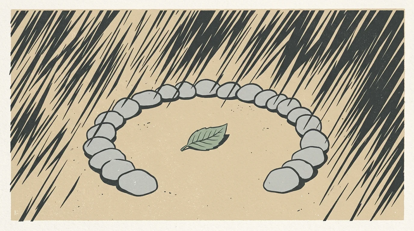 A minimalist screenprint of a curved stone barrier protecting a single green leaf from sharp diagonal lines.