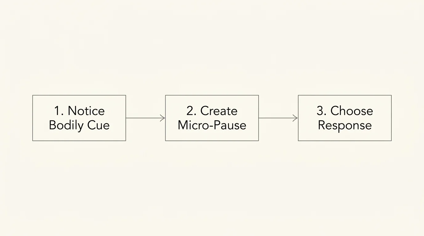 A minimalist three-step horizontal flowchart showing the process: Notice Bodily Cue, Create Micro-Pause, Choose Response.