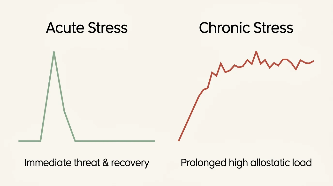 A minimalist two-column infographic comparing the quick recovery of acute stress with the sustained, high plateau of chronic stress.