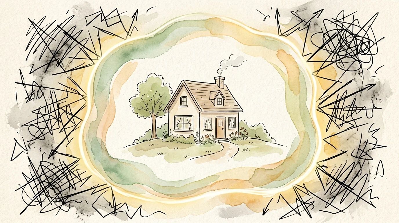 A minimalist watercolor drawing of a home protected by a soft green boundary that redirects chaotic scribbles.